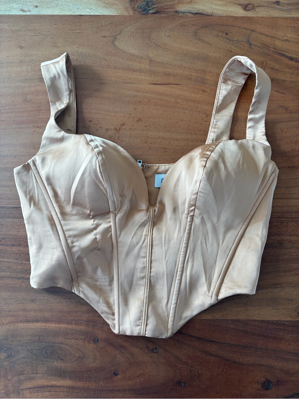 Oh Polly Satin Bustier Top in Nude pink shade zip up in the back burlesque
